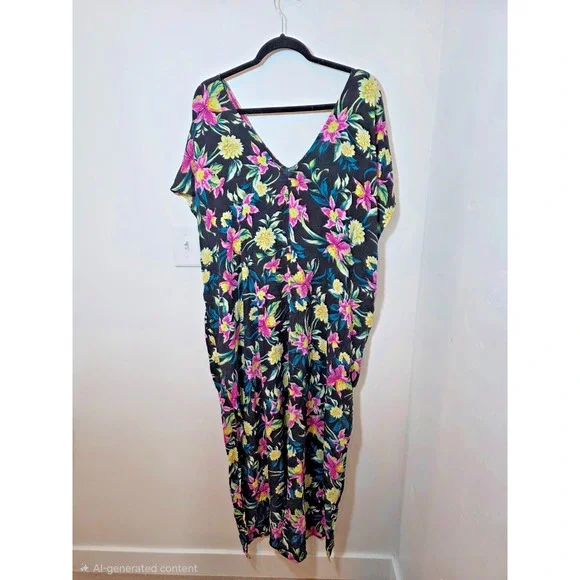 Torrid Maxi Washable Gauze Black Floral Caftan Cover-Up Dress Size 3 Rayon - Picture 6 of 9